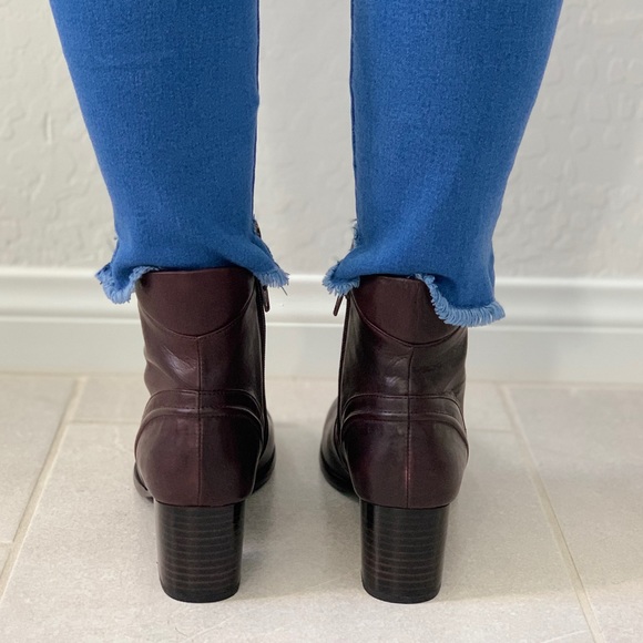 Red Wine Leather Chunky Heeled Combat Moto Boots - Picture 5 of 7